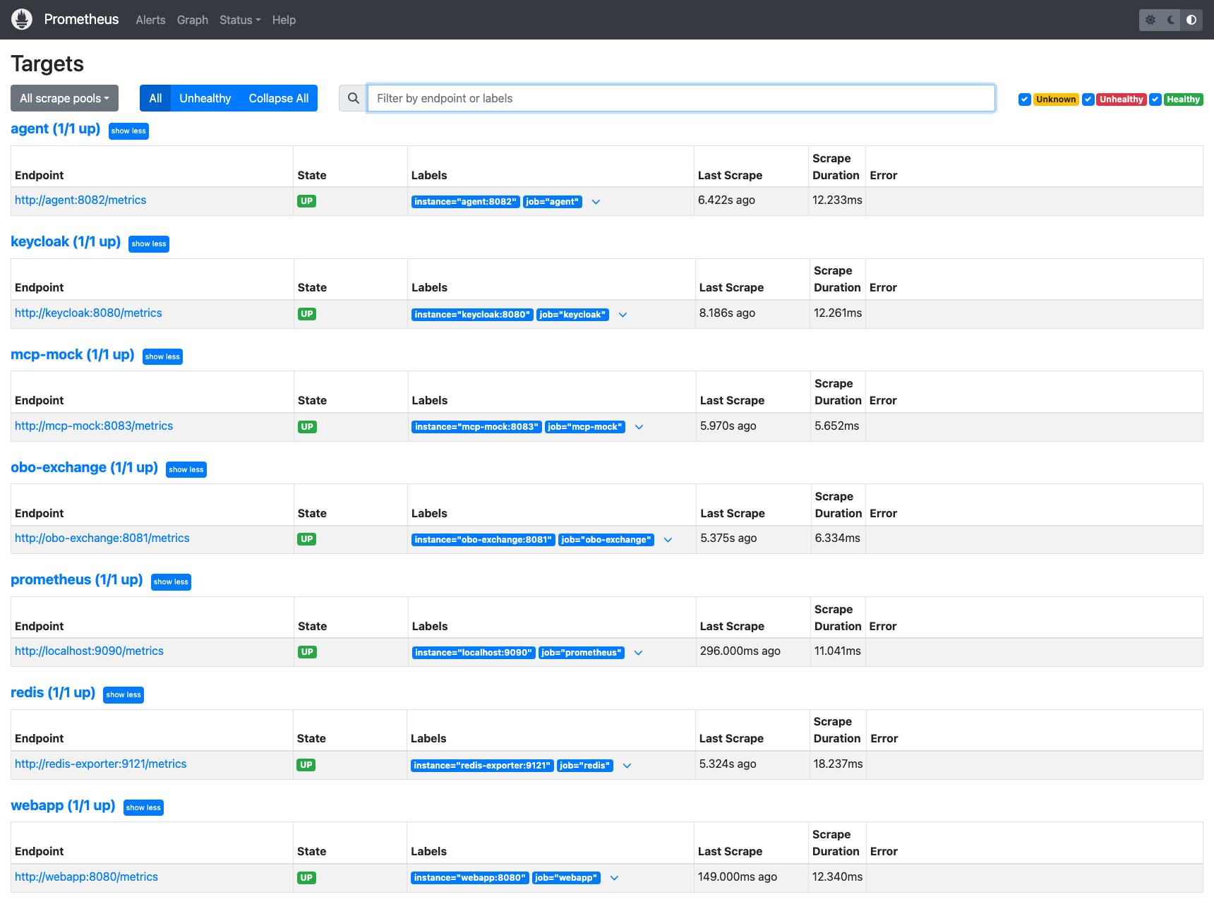 Prometheus — all seven scrape targets up /images/agent-identity-rfc-8693-on-behalf-of/prometheus-targets.jpg