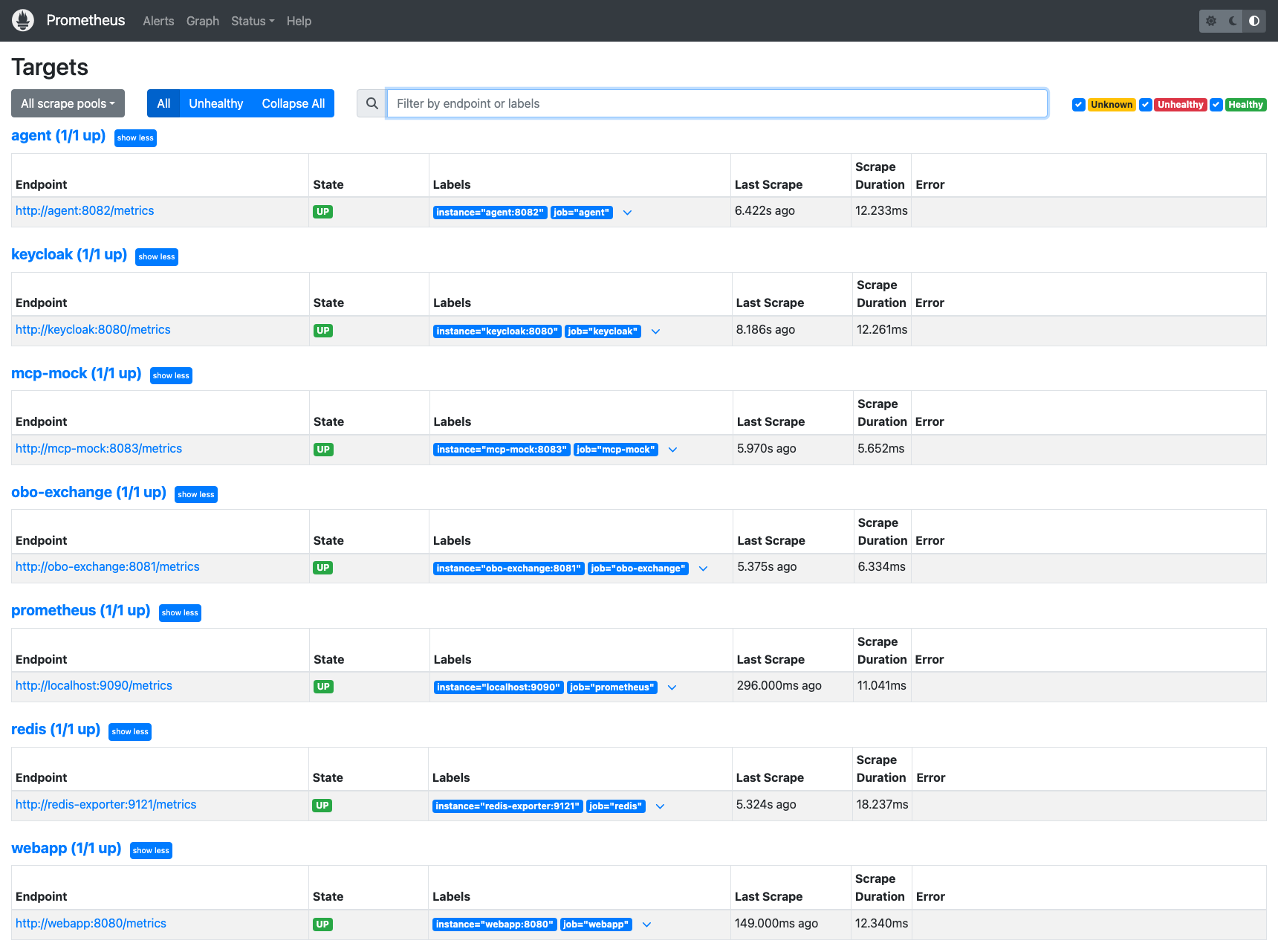 Prometheus — all seven scrape targets up /images/agent-identity-rfc-8693-on-behalf-of/prometheus-targets.png