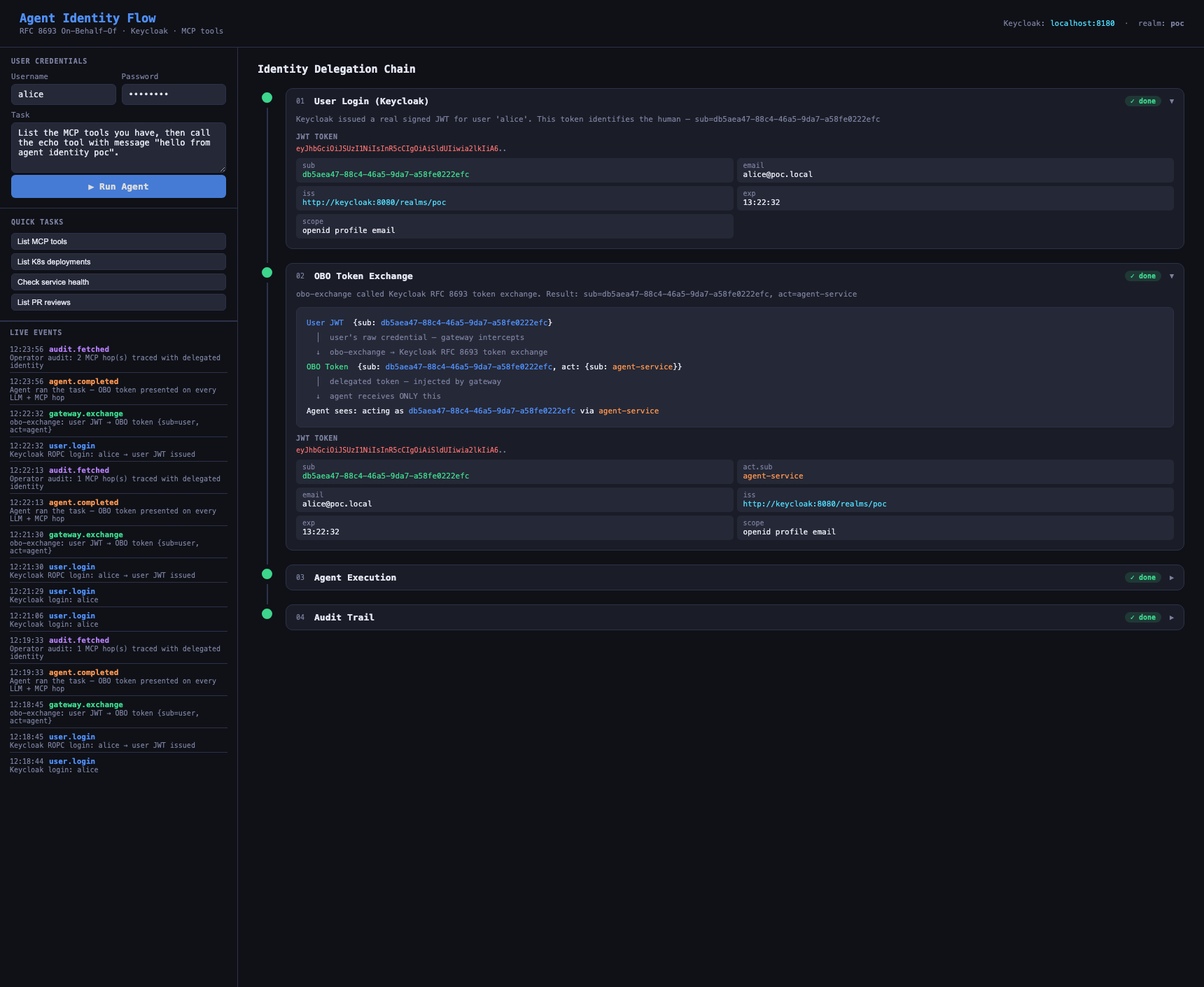 Webapp — identity delegation chain, every JWT decoded /images/agent-identity-rfc-8693-on-behalf-of/webapp-flow.png