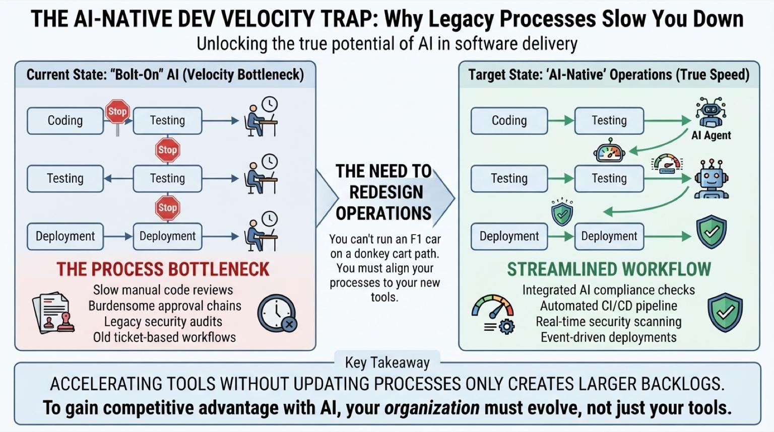 AI-first hands tools to developers and leaves the process alone. A 50% faster developer is a 20% faster team until the operating model goes AI-native. /images/ai-makes-developers-faster-does-it-make-the-team-faster/featured.jpg