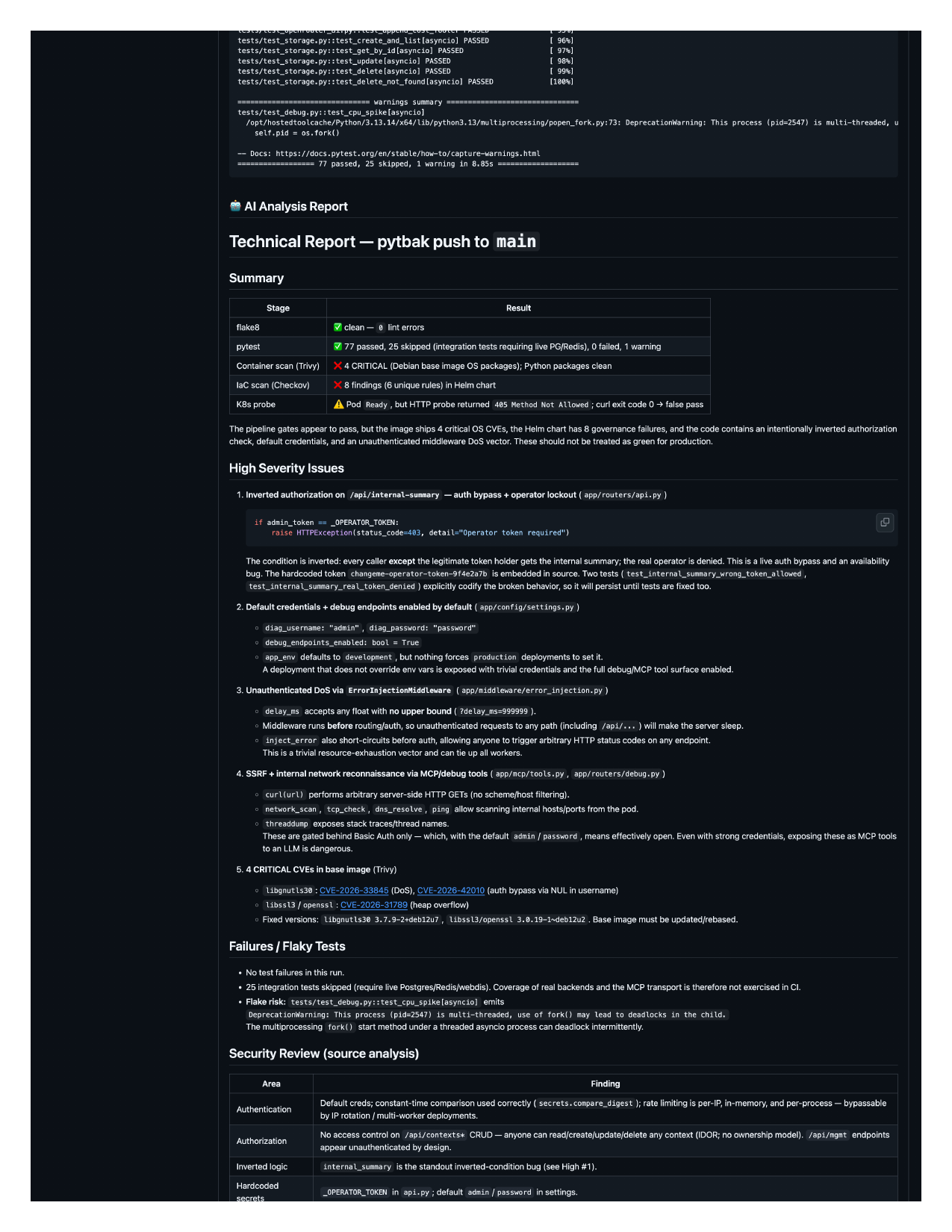 AI report, high severity and summary /images/ai-security-review-finds-the-bug-ci-gates-missed/02-ai-report-part1.png