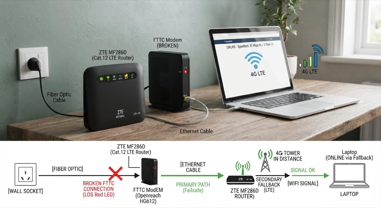 How I turned a cheap ZTE MF286D LTE router into an OpenWrt-based failover WAN for a saturated countryside FTTC line, using mwan3 and a Vodafone data SIM. /images/zte-mf286d-openwrt-lte-fallback-fttc/featured.jpg