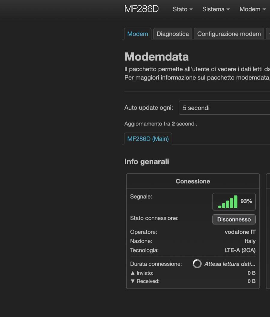 LuCI LTE connection panel: 93% signal, vodafone IT, LTE-A (2CA) /images/zte-mf286d-openwrt-lte-fallback-fttc/luci-lte-connection.jpg