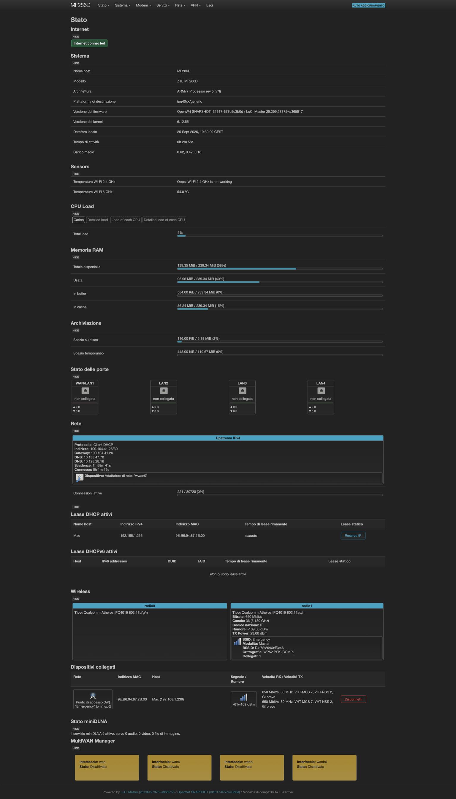 LuCI status page showing the MF286D running OpenWrt snapshot, uptime, and interface list /images/zte-mf286d-openwrt-lte-fallback-fttc/luci-status.jpg