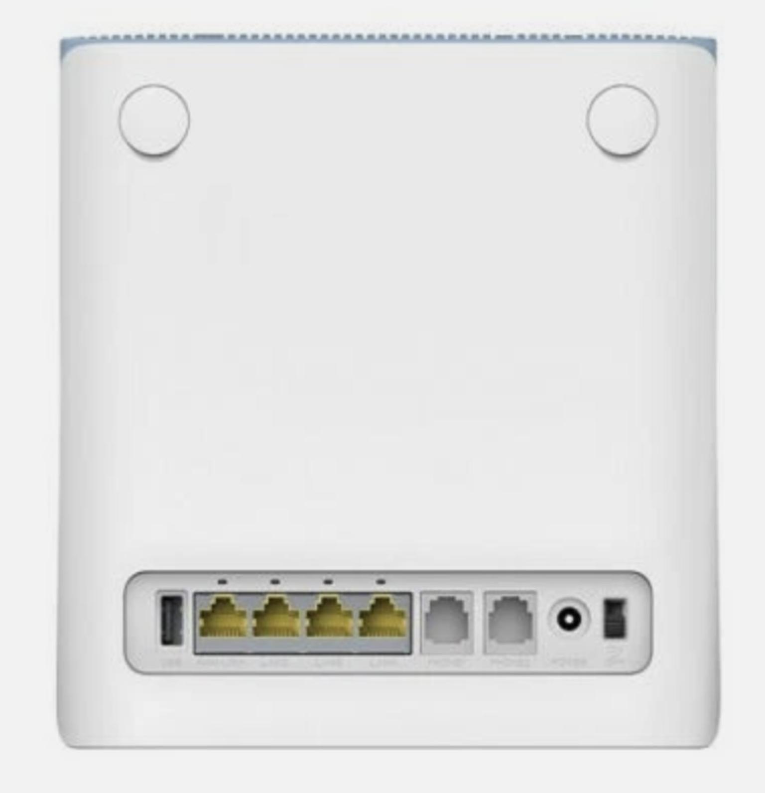 OpenWrt back panel of the MF286D showing the 4 LAN ports, USB, phone jacks, and power /images/zte-mf286d-openwrt-lte-fallback-fttc/mf286d-back-ports.jpg